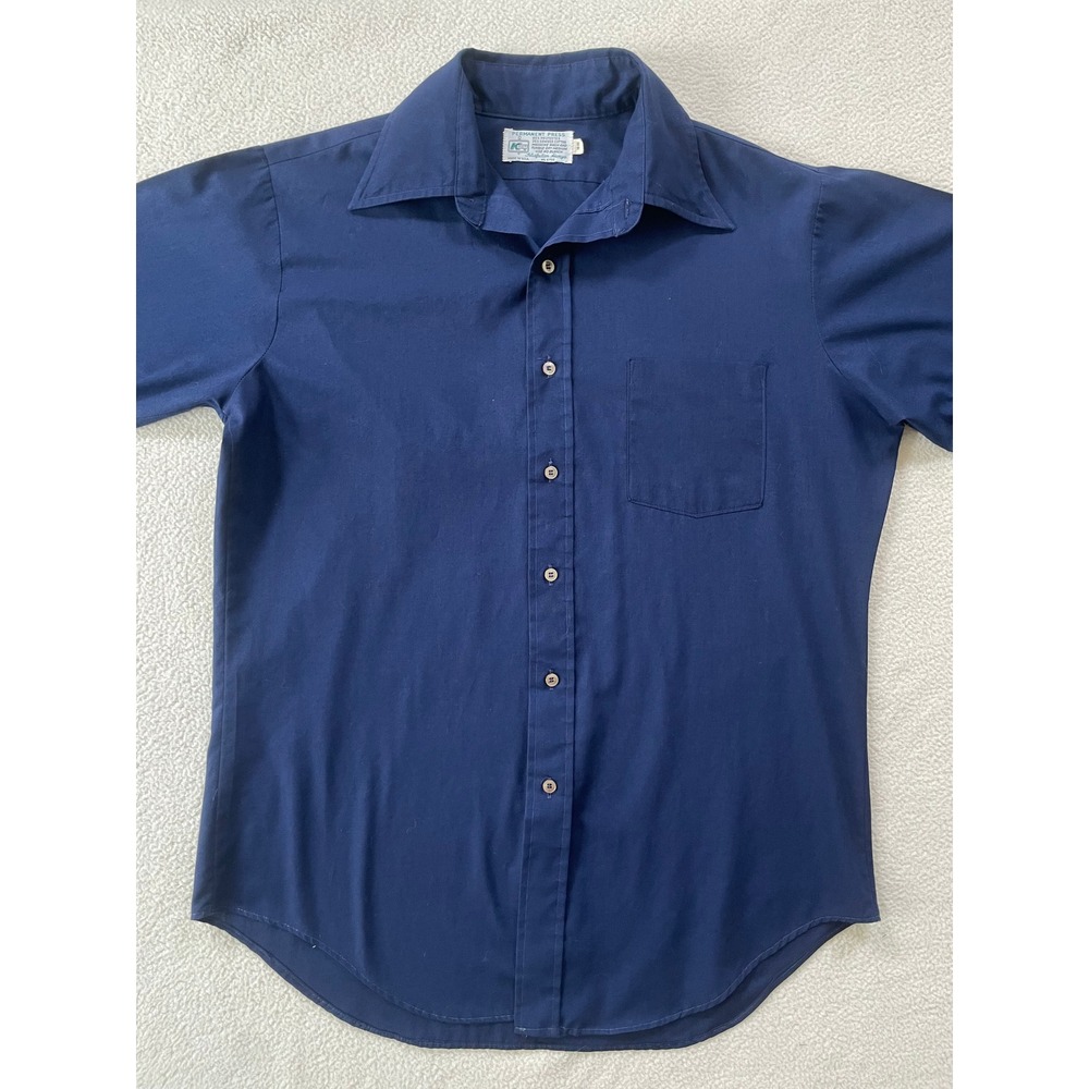 Vintage 60s 70s Kmart Mens 16-33 Button Down Shirt Navy Blue Perm Press USA Made